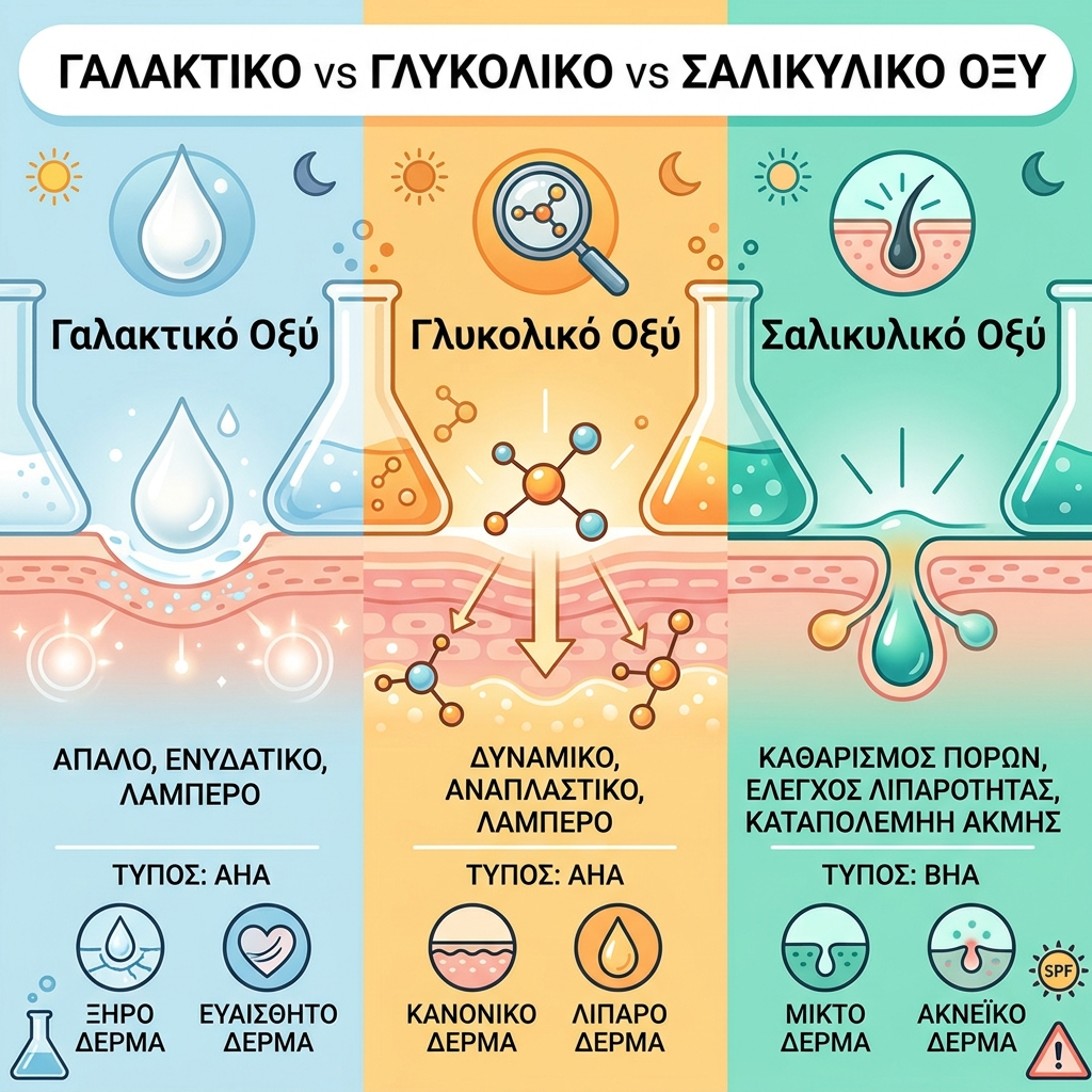 Γαλακτικό vs Γλυκολικό vs Σαλικυλικό Οξύ: Πλήρης Οδηγός Απολέπισης