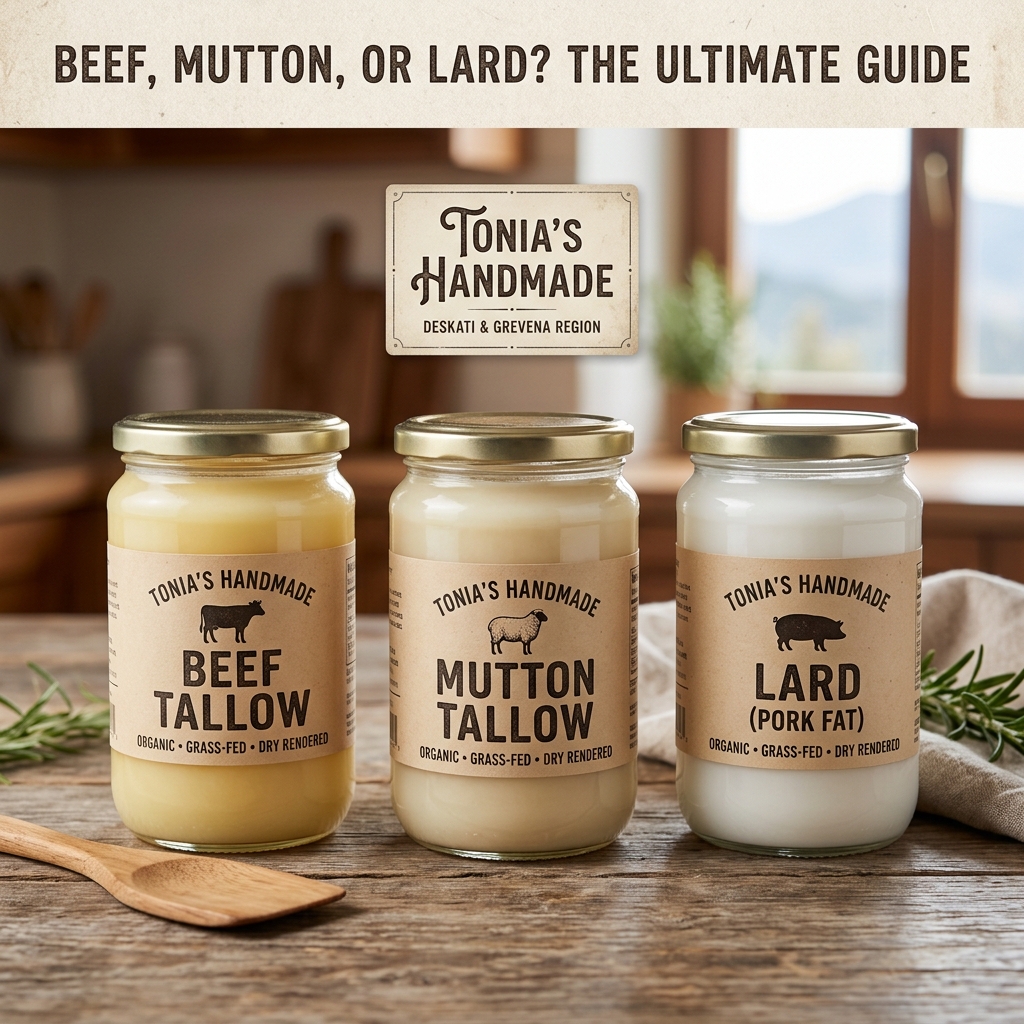 Editorial image of beef tallow, mutton tallow and lard jars