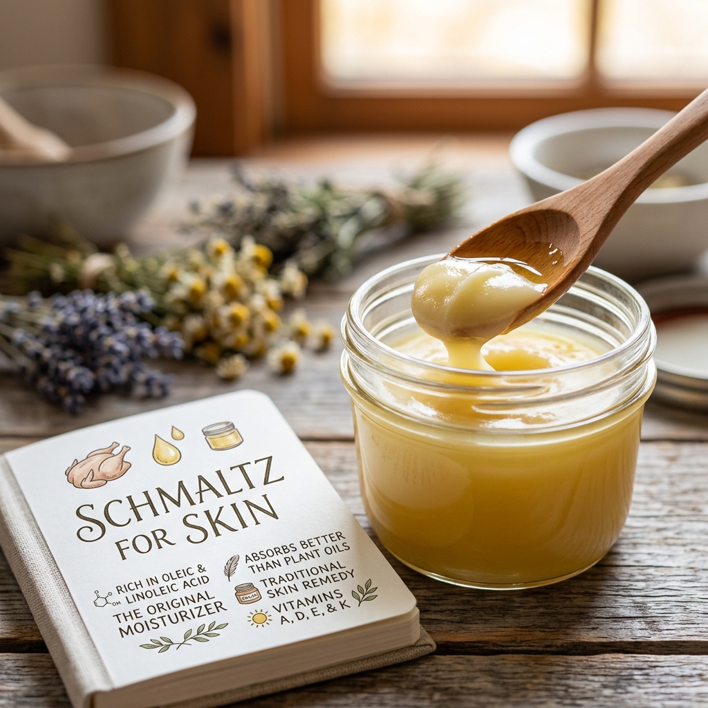 Traditional chicken schmaltz preparation – rendered poultry fat for skincare