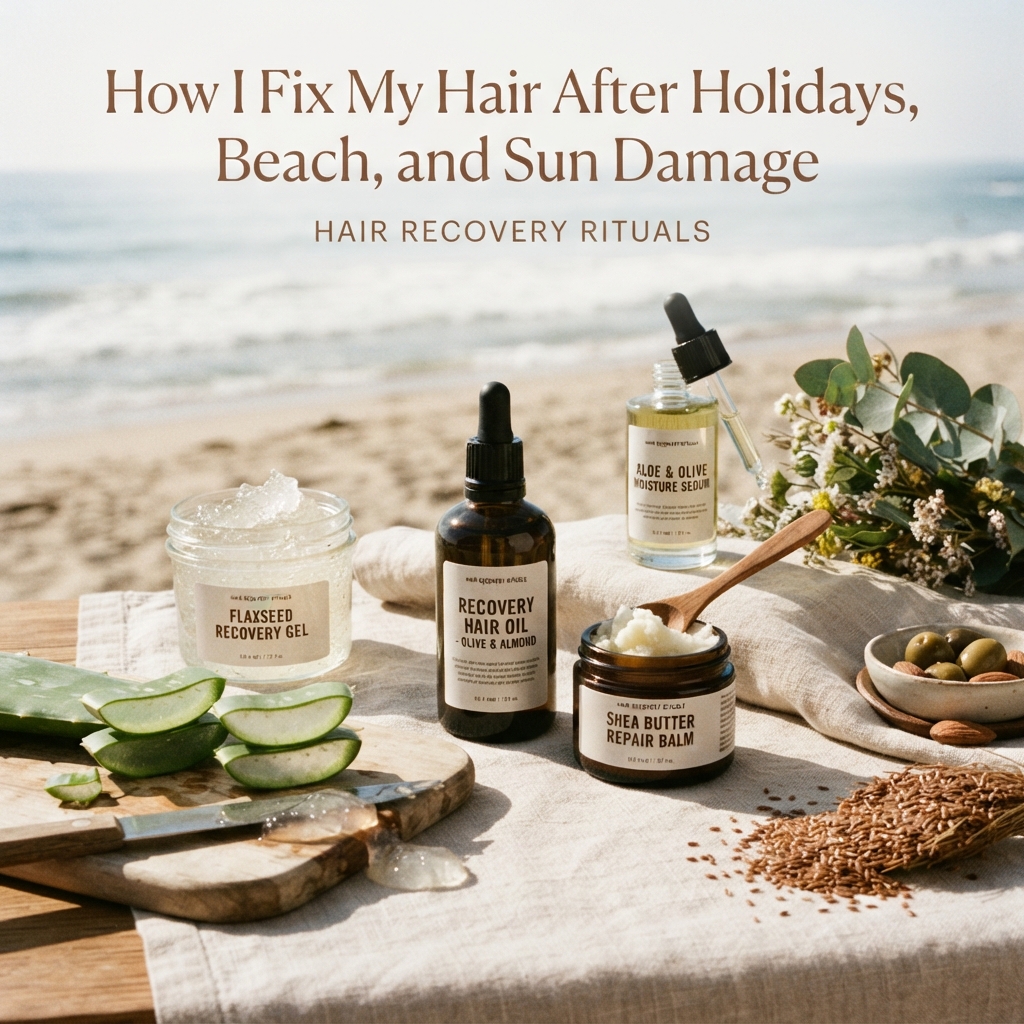Editorial image of hair care routine after sun and beach exposure