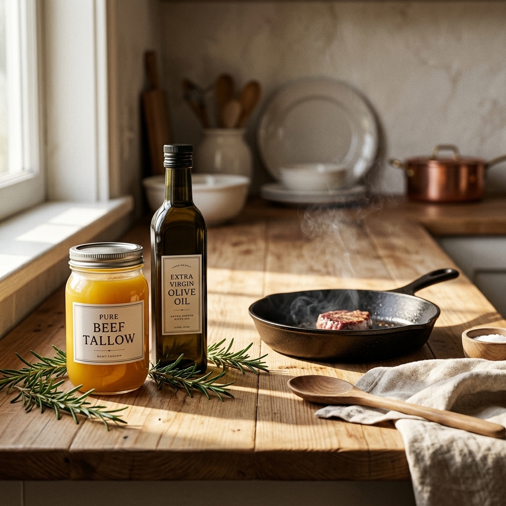 Βάζο με αγνό μοσχαρίσιο λίπος (beef tallow) και μπουκάλι εξαιρετικά παρθένου ελαιολάδου σε ρουστίκ ξύλινο πάγκο κουζίνας δίπλα σε μαντεμένιο τηγάνι που καπνίζει