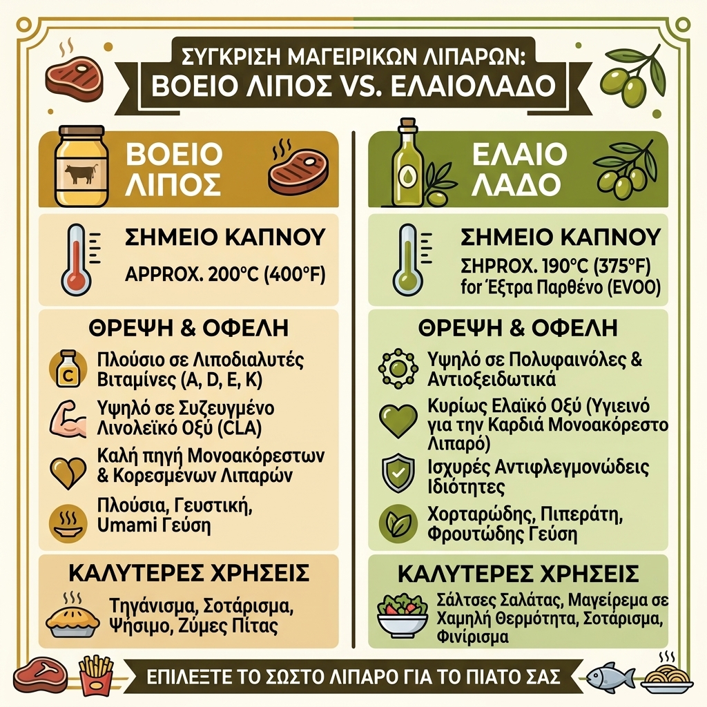 Infographic που συγκρίνει το μαγείρεμα με μοσχαρίσιο λίπος (tallow) έναντι του ελαιολάδου, αναλύοντας τα σημεία καπνού, τα θρεπτικά οφέλη και τις καλύτερες μαγειρικές χρήσεις